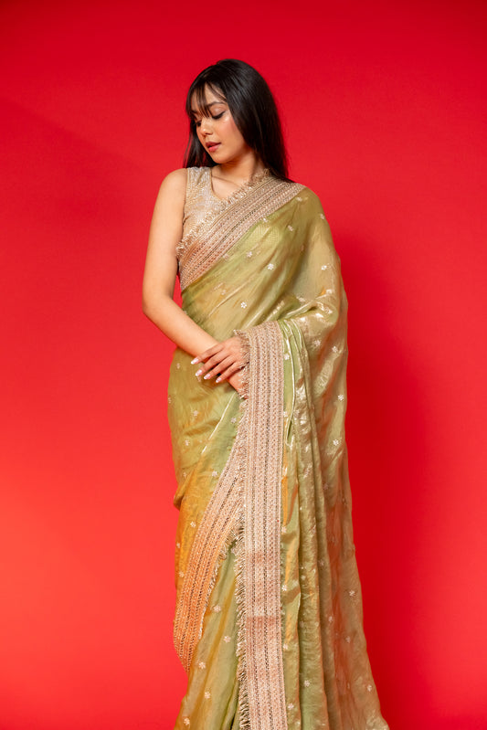 Olive Gleam Tissue Silk Saree with Embroidered Border