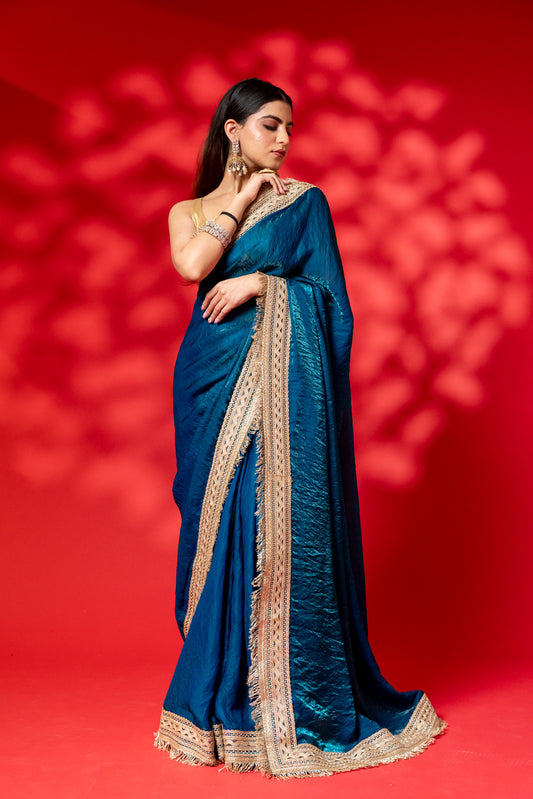 Deep Teal Raw Silk Saree with Antique Gold Border