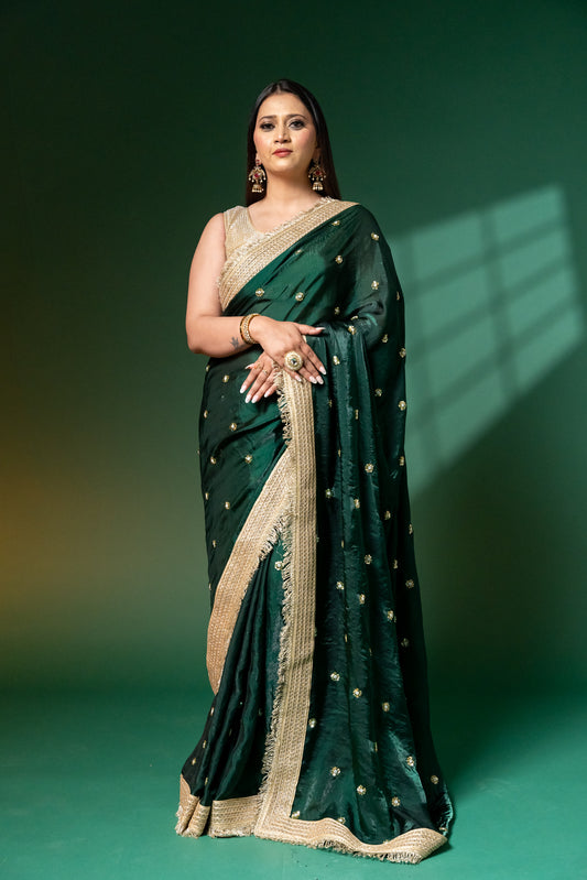 Emerald Green Hand-Embroidered Saree with Zari Fringe Border