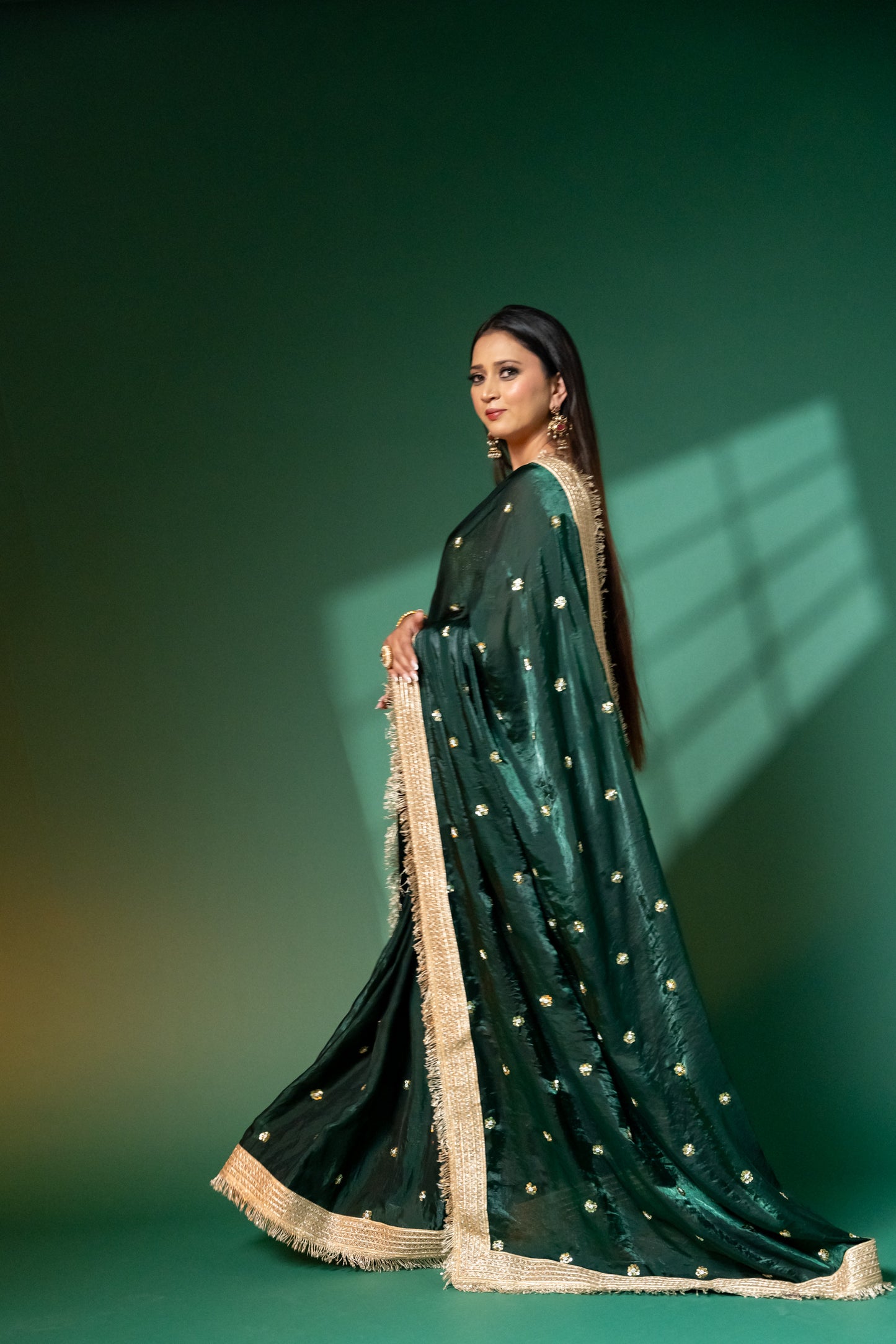 Emerald Green Hand-Embroidered Saree with Zari Fringe Border