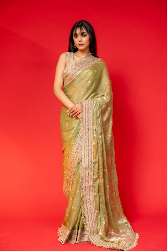 Olive Gleam Tissue Silk Saree with Embroidered Border