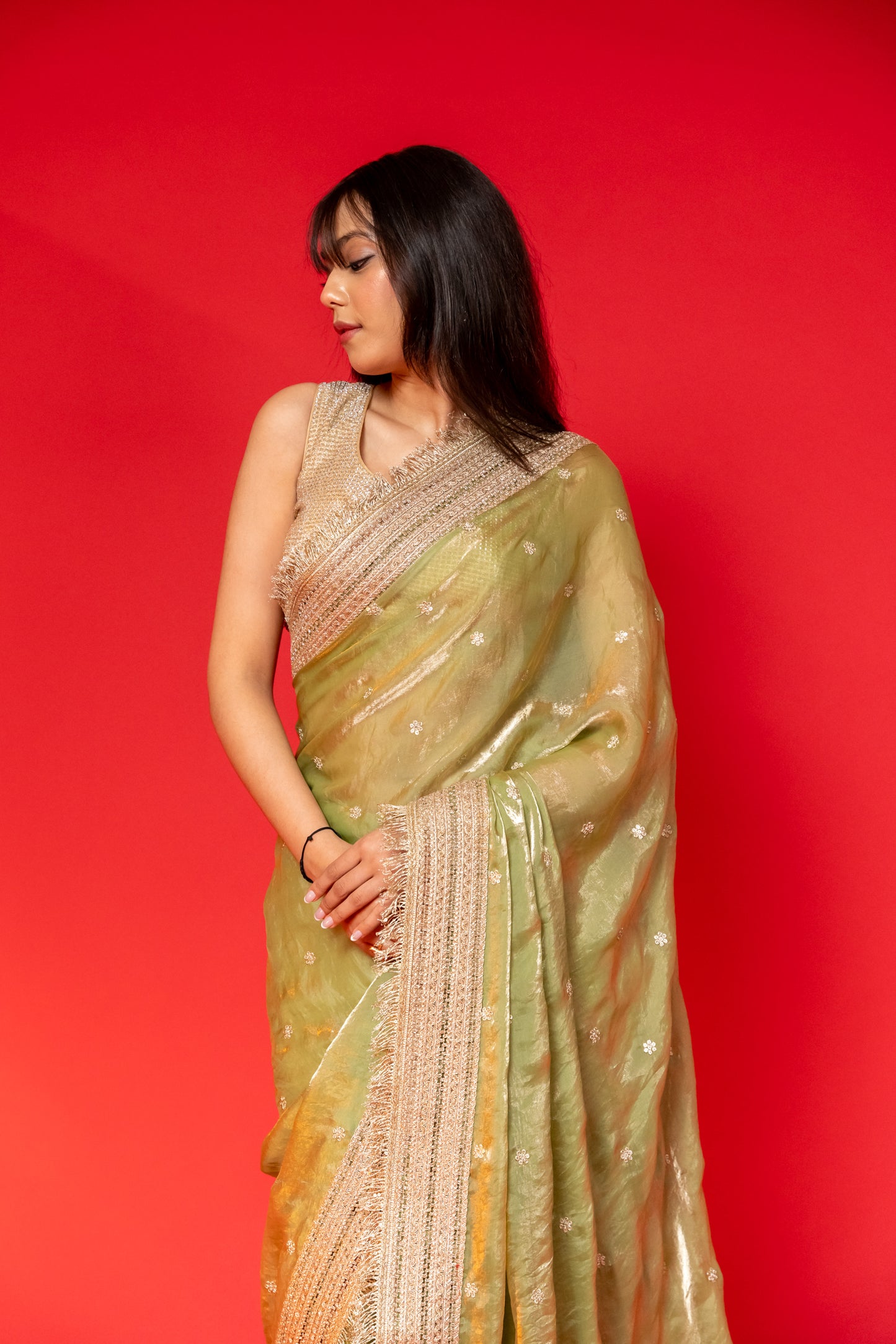 Olive Gleam Tissue Silk Saree with Embroidered Border