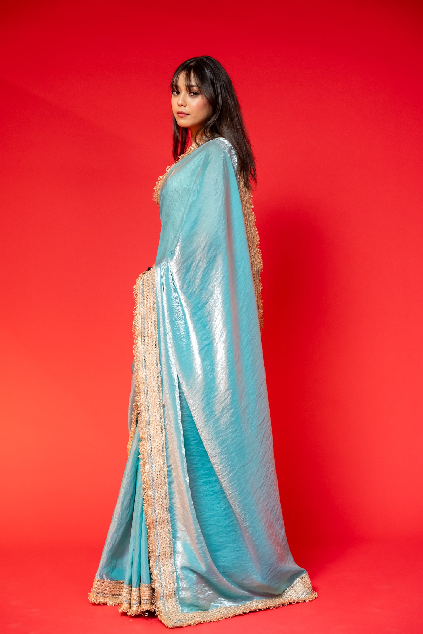 Elegant Sky Blue Tissue Saree with Golden Embellished Border