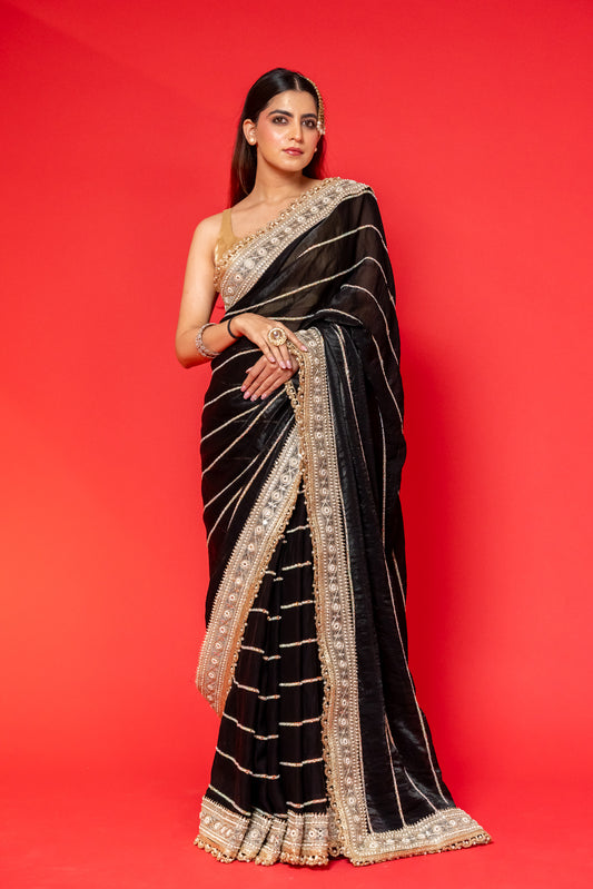Midnight Black Tissue Silk Saree with Intricate Golden Embroidery