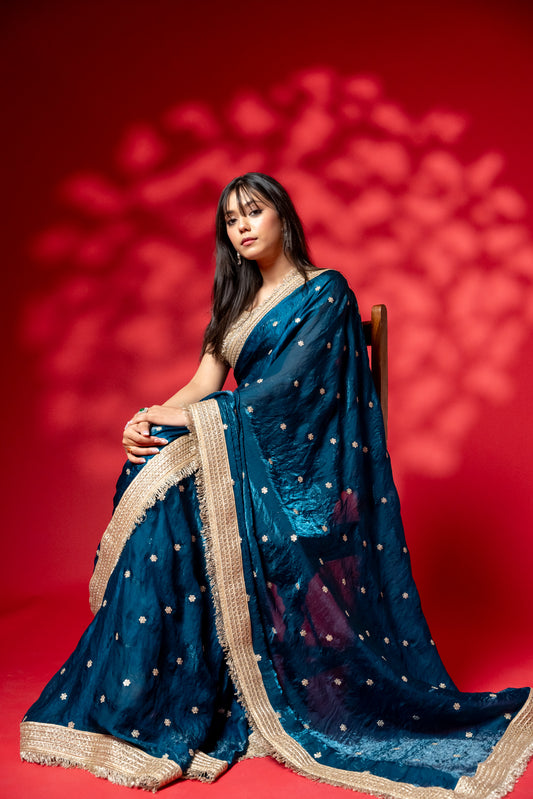 Royal Blue Hand-Embroidered Saree with Golden Zari Border