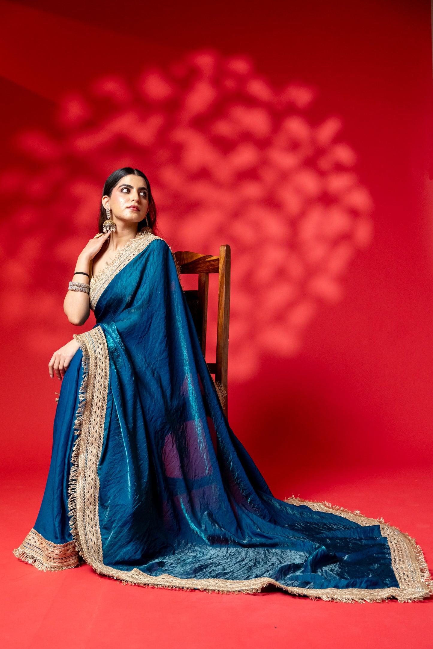 Deep Teal Raw Silk Saree with Antique Gold Border