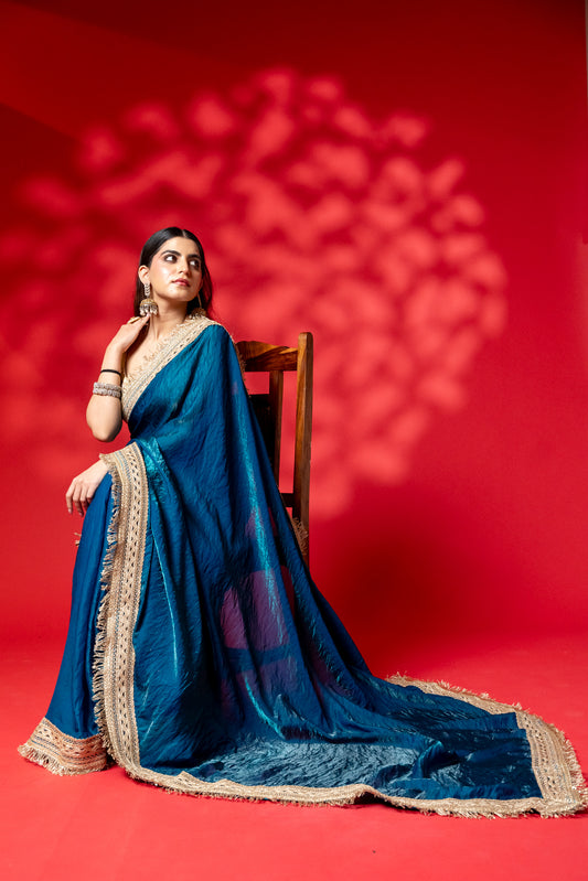 Deep Teal Raw Silk Saree with Antique Gold Border