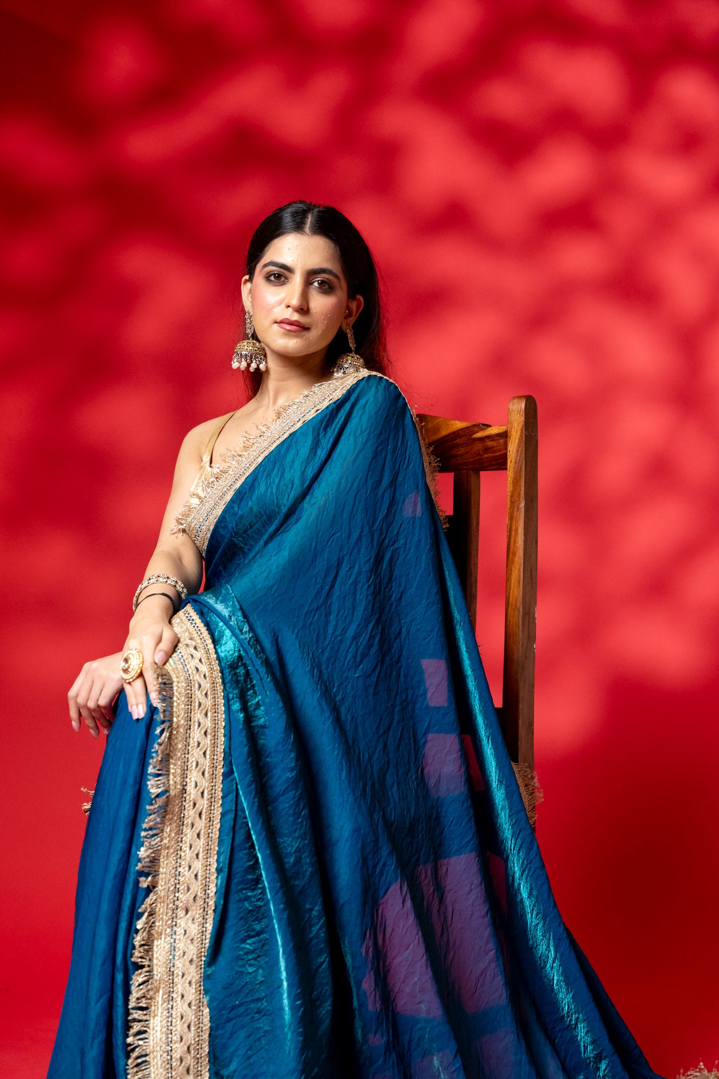 Deep Teal Raw Silk Saree with Antique Gold Border