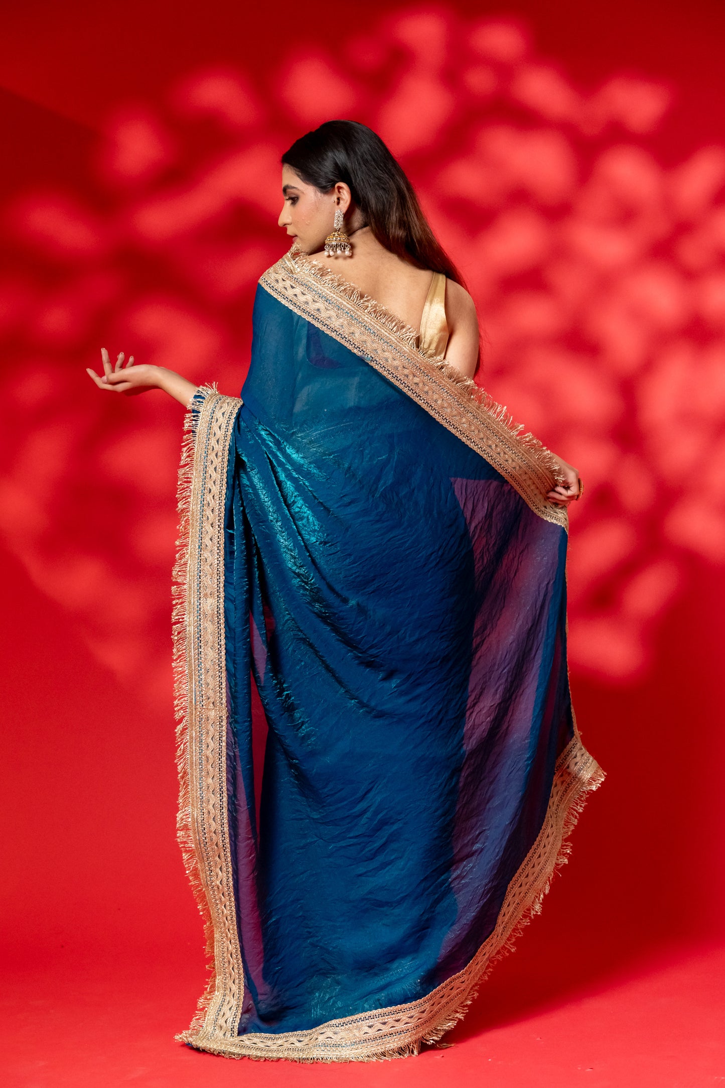 Deep Teal Raw Silk Saree with Antique Gold Border