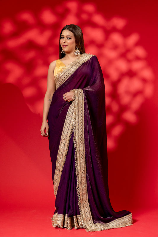Plum Purple Silk Saree with Ornate Golden Border