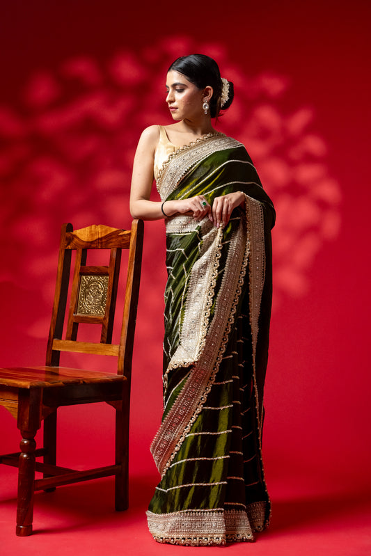 Olive Green Silk Saree with Embellished Stone and Zari Border