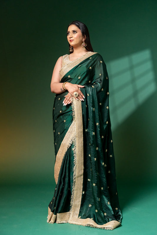 Emerald Green Hand-Embroidered Saree with Zari Fringe Border