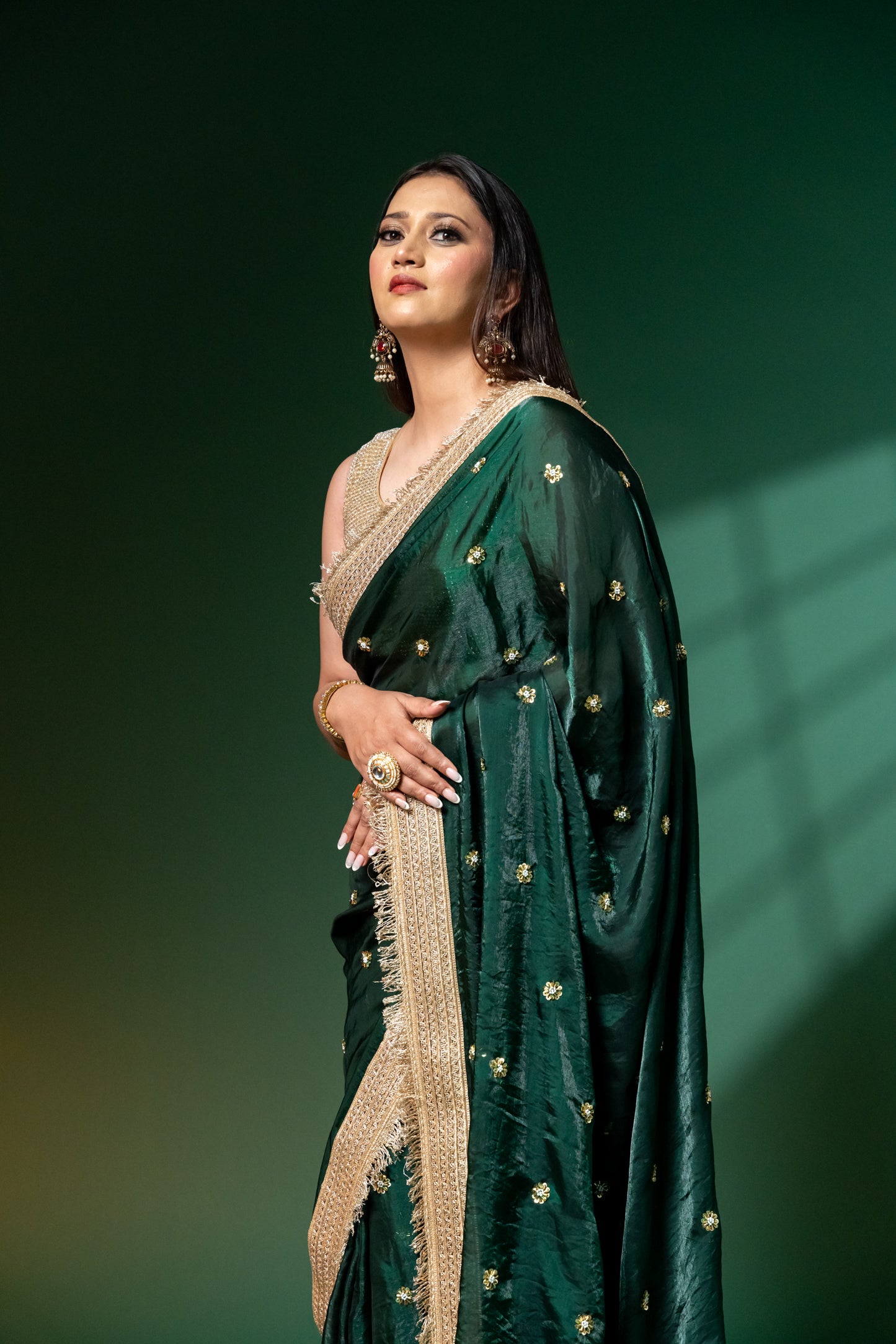 Emerald Green Hand-Embroidered Saree with Zari Fringe Border