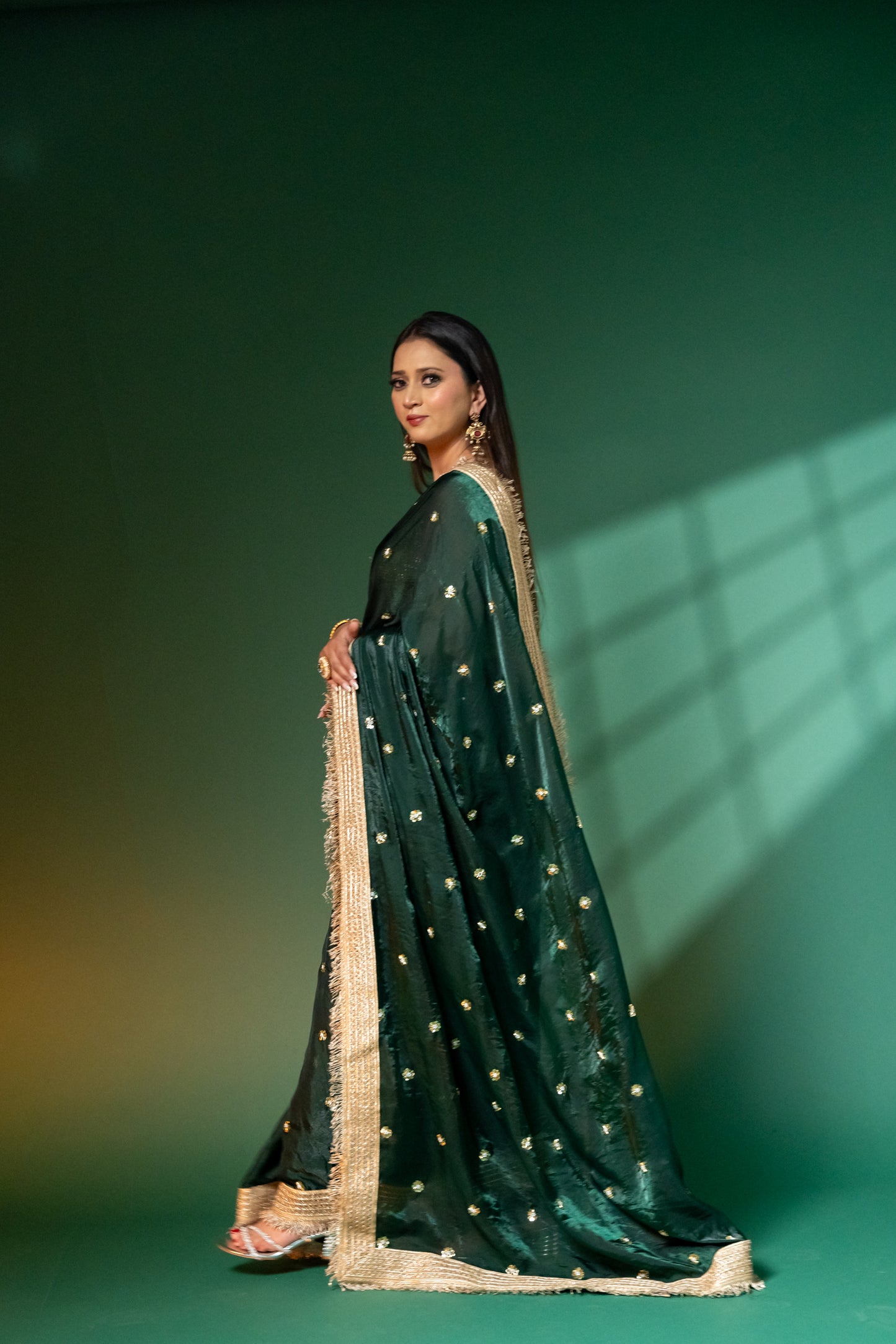 Emerald Green Hand-Embroidered Saree with Zari Fringe Border