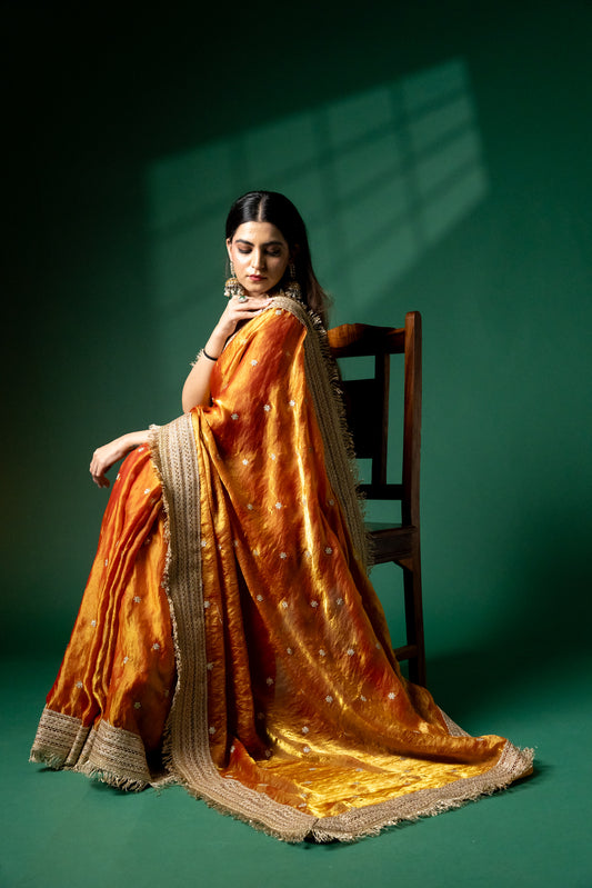Sunset Orange Hand-Embroidered Saree with Zari Fringe Border
