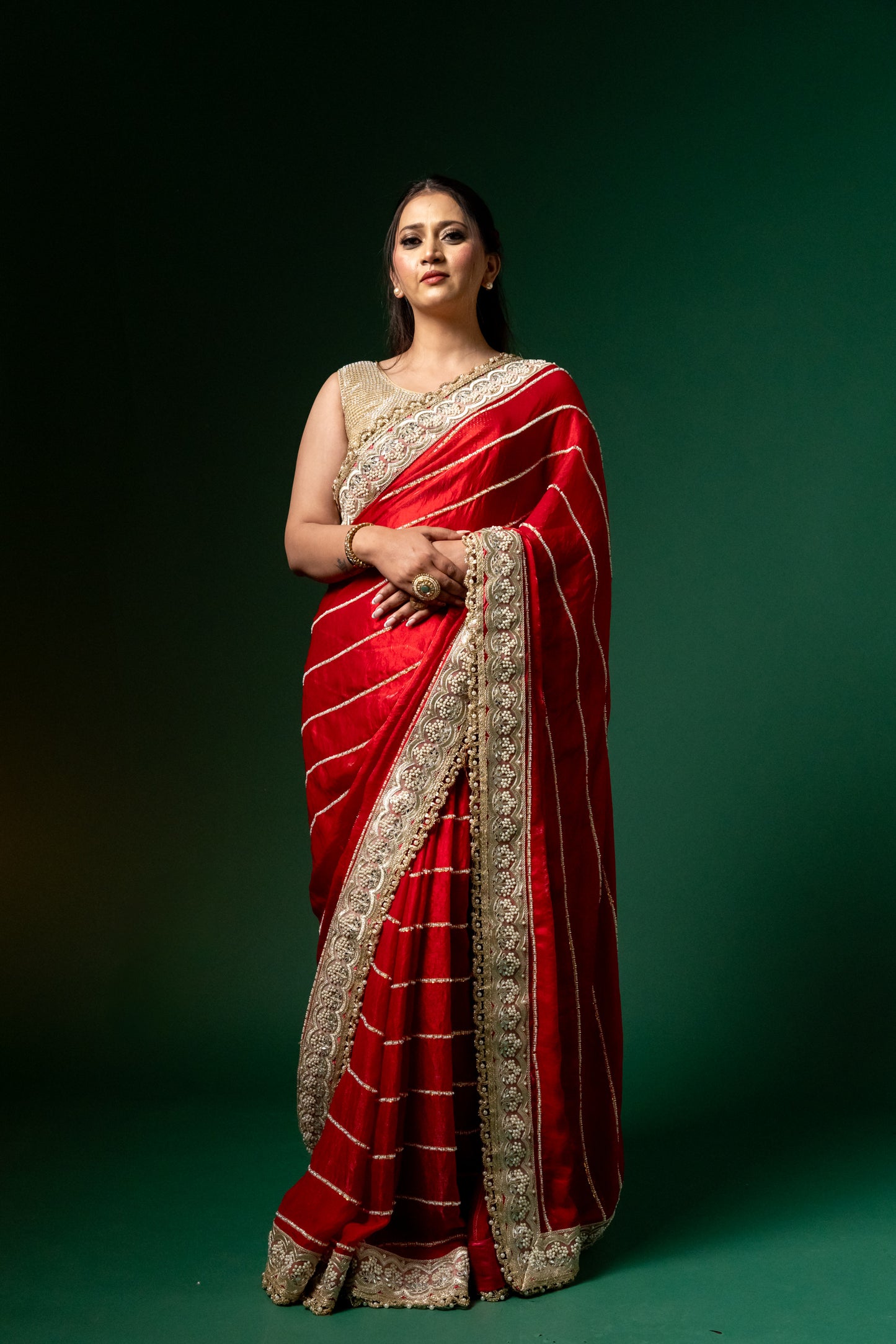 Crimson Charm Handcrafted Red Saree with Zari & Sequin Border
