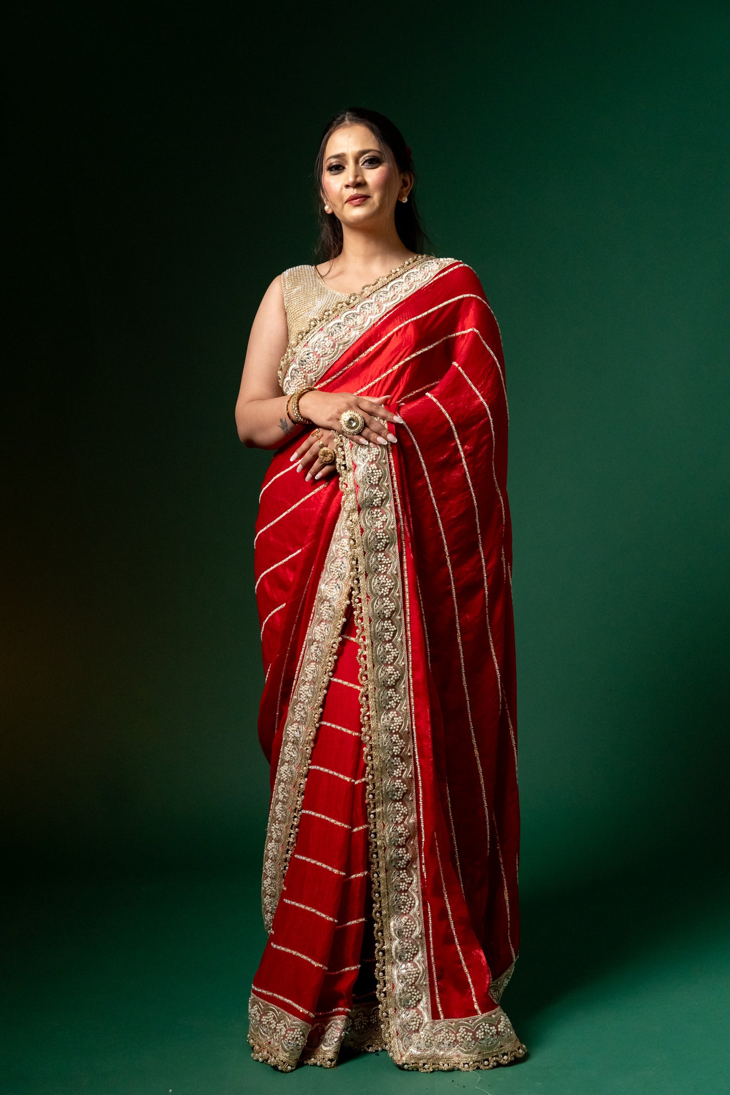 Crimson Charm Handcrafted Red Saree with Zari & Sequin Border