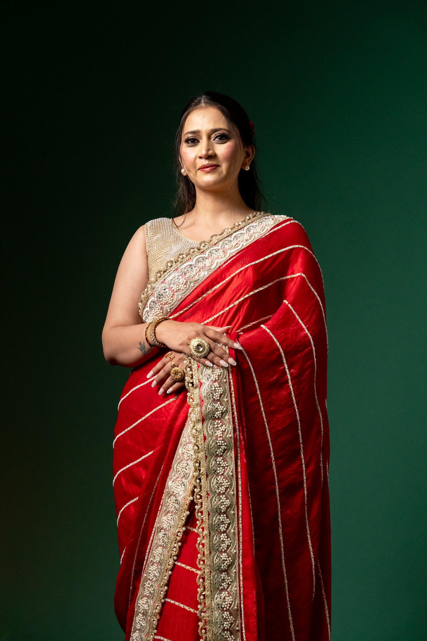 Crimson Charm Handcrafted Red Saree with Zari & Sequin Border