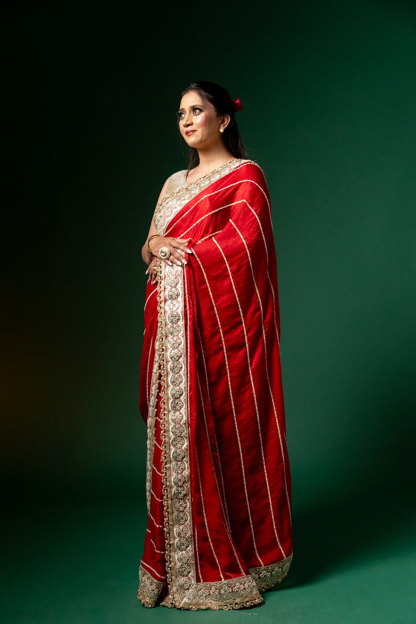 Crimson Charm Handcrafted Red Saree with Zari & Sequin Border