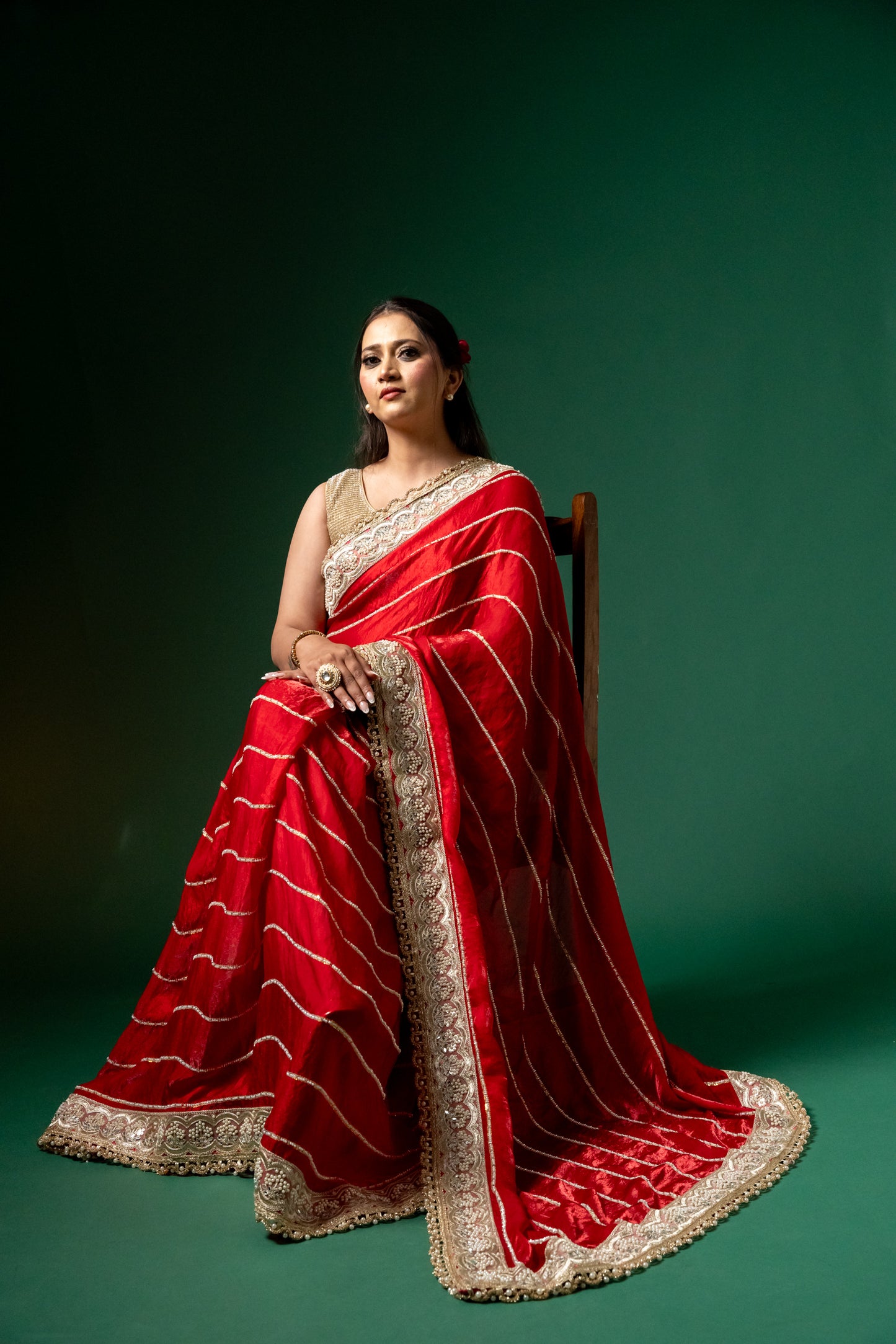 Crimson Charm Handcrafted Red Saree with Zari & Sequin Border