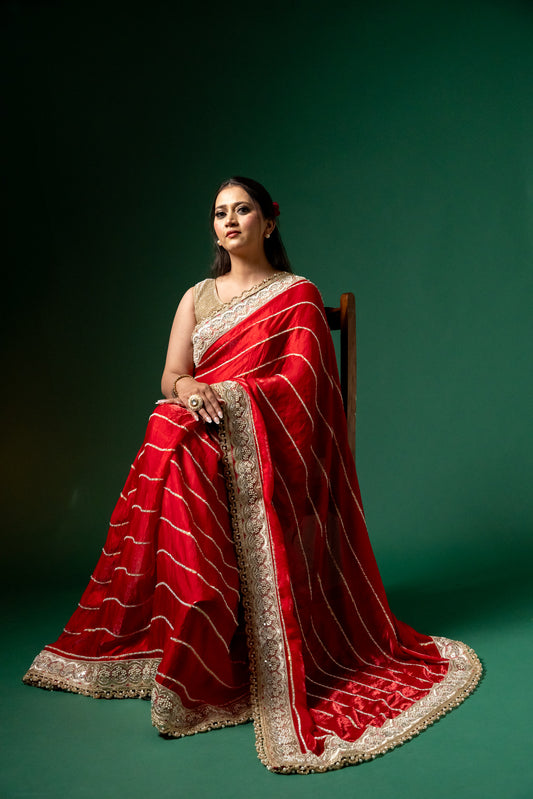 Crimson Charm Handcrafted Red Saree with Zari & Sequin Border