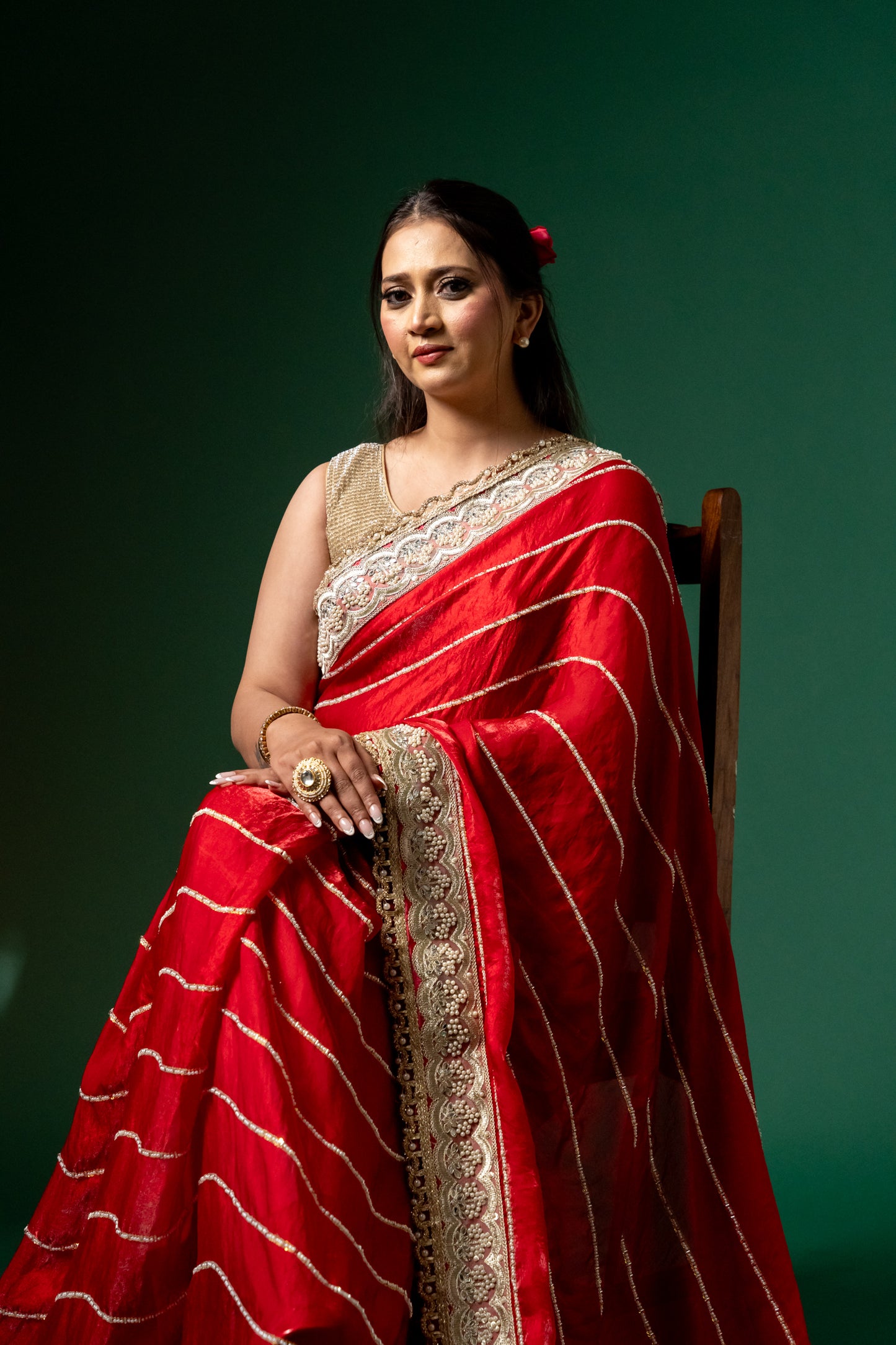 Crimson Charm Handcrafted Red Saree with Zari & Sequin Border