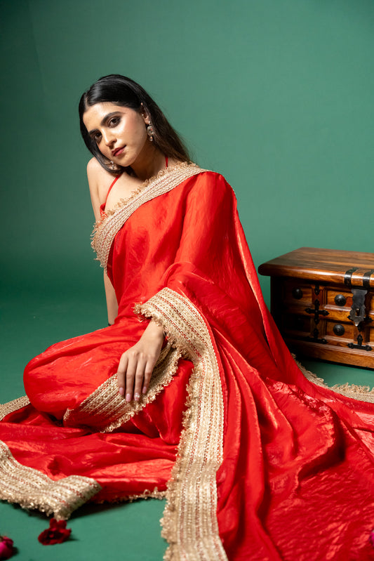 Red Tissue Saree with Golden Lace Border